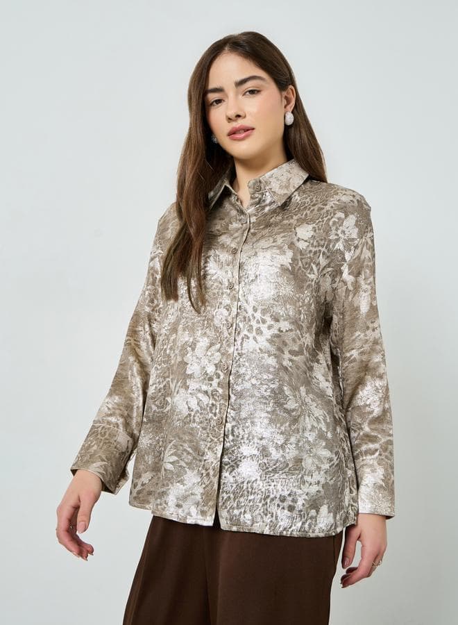 Grey All Over Print Long Sleeve Shirt — M