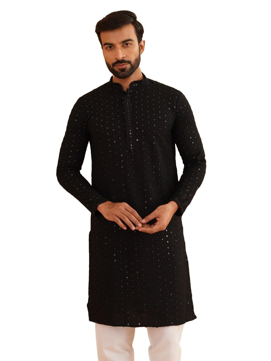 SOJANYA (Since 1958 Men's Ethnic Motifs Embroidered Sequinned Black Cotton Long Kurta