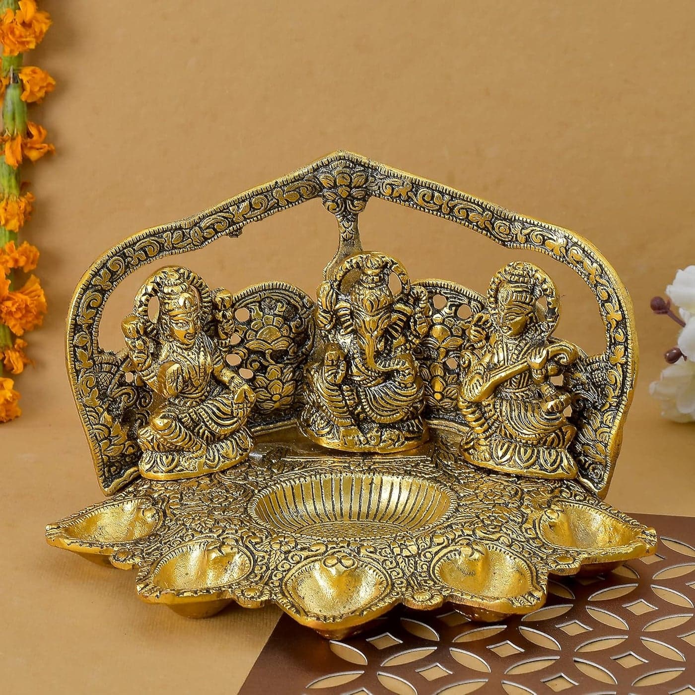 Great Art Laxmi Ganesh Saraswati Idol Diya Oil Lamp Deepak Metal Lakshmi Ganesha Showpiece Statue Traditional Diya for Diwali Puja Diwali Home Decoration Items Gifts