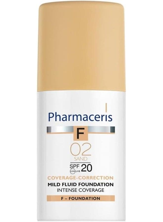 Pharmaceris F Intense Coverage Mild Fluid Foundation SPF 20, 30 Ml(02 Sand) – Lightweight Creamy Formula With Sodium Hyaluronate Milk Thistle Honeysuckle And Vitamin B3 For Sensitive Skin