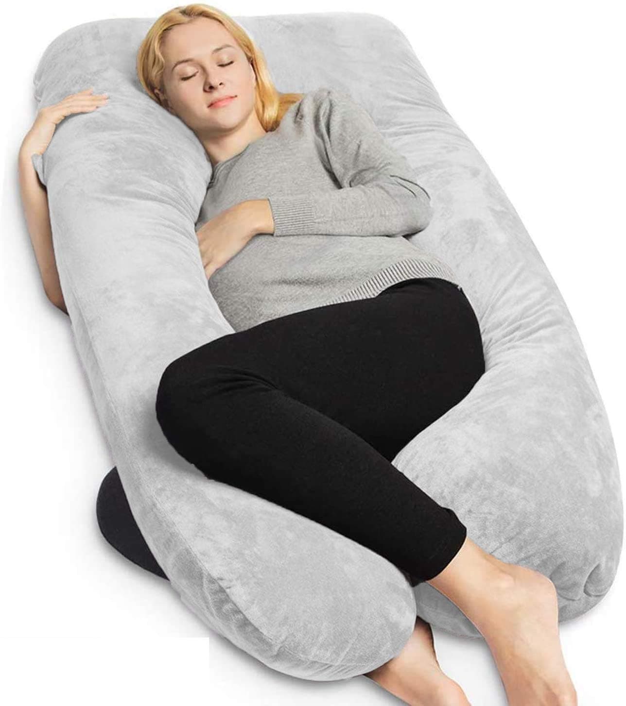 PUM PUM Women's U-Shape Polyethylene Filling Full Body Maternity Support Pregnancy Pillow with Velvet Cover, Grey