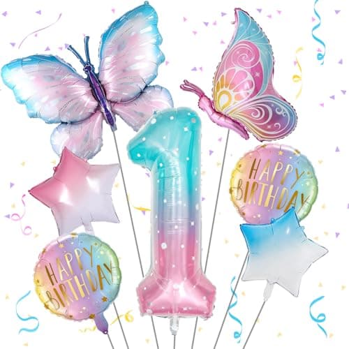Butterfly Birthday Decorations Butterfly Balloons 1st Birthday Party Decorations for Girls Fantasy Numbers 1 Foil Balloon for Princess Girl Aluminum Film Balloons Party Decor Supplies