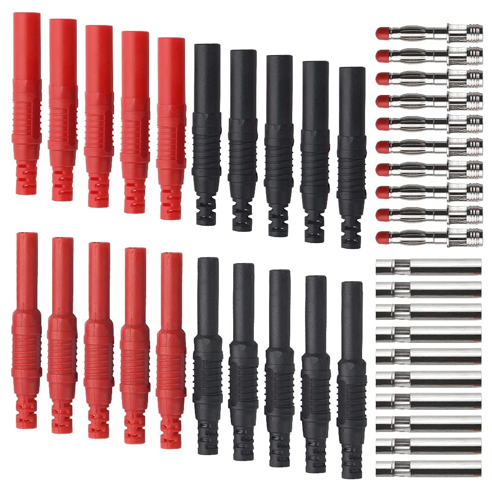 WMYCONGCONG BlackRed 10Pcs Insulated Safety Shrouded 4mm Banana Female Jack Connector 10Pcs 4mm Banana Plug Connectors Wire Solder DIY Multimeter Test Leads