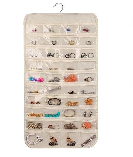 ASFUN Hanging Jewelry Organizer – 48 Double-Sided Pockets for Earrings, Necklaces, Rings & Accessories | Space-Saving Closet Jewelry Storage (Beige)