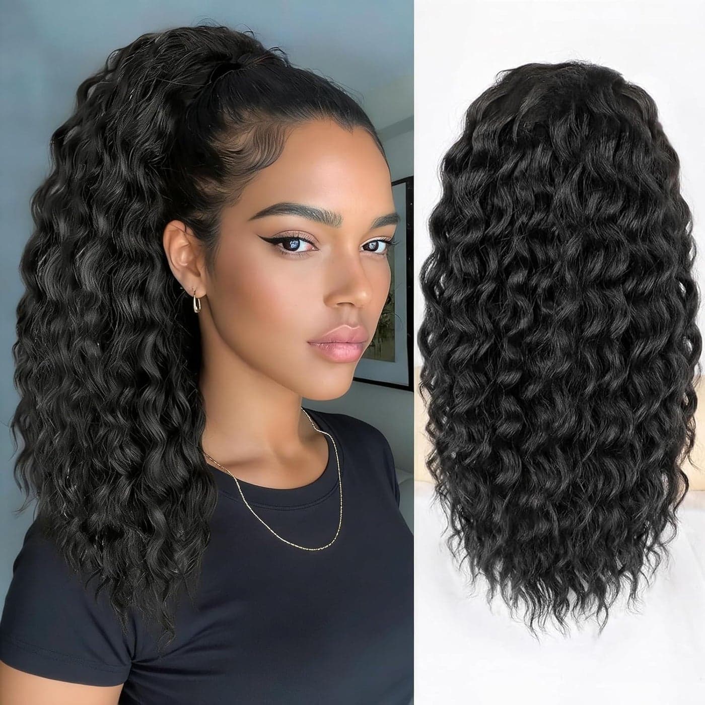 18 Inch Curly Drawstring Ponytail Extension, Natural Black Curly Clip-in Hairpiece, Synthetic Ponytail For Daily Wear And Special Occasions