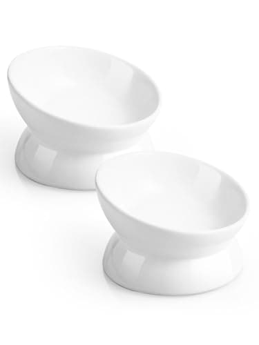 LoeJan Elevated Cat Food Bowl, 5 Oz Ceramic Raised and Tilted Water Bowl, Anti Vomiting and Protect Pets' Spines Dishes for Small Dog, Fat Faced Cat, Kitten (White, 2 Pack)
