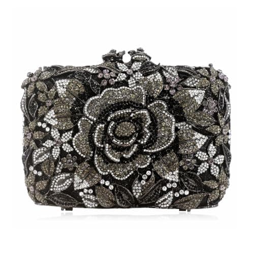 DJBM Vintage Women Floral Rhinestone Crystal Purse Rose Evening Clutch Diamond Evening Bags for Party Wedding Cocktail Prom, Black