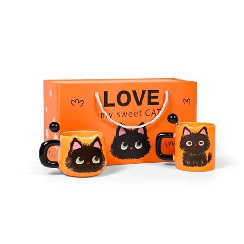 FunFink Cute Black Cat Couple Coffee Mugs Gift Set - Ceramic Matching Mugs with Spoons, Set of 2 (12.8 oz & 13.5 oz), Perfect Valentine's Day, Christmas, Anniversary Present for Cat Lovers & Couples
