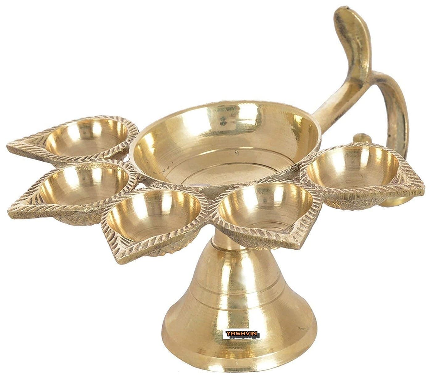 YASHVIN || Metal Brass Panch Aarti Lamp Pancharti Diya Oil Lamp Puja Aarti Diya Panch Mukhi Aarti Deepak Oil Lamp Puja Accessory for Gifting and Religious Purpose 5 Face Brass Diya Lamp || SHM25