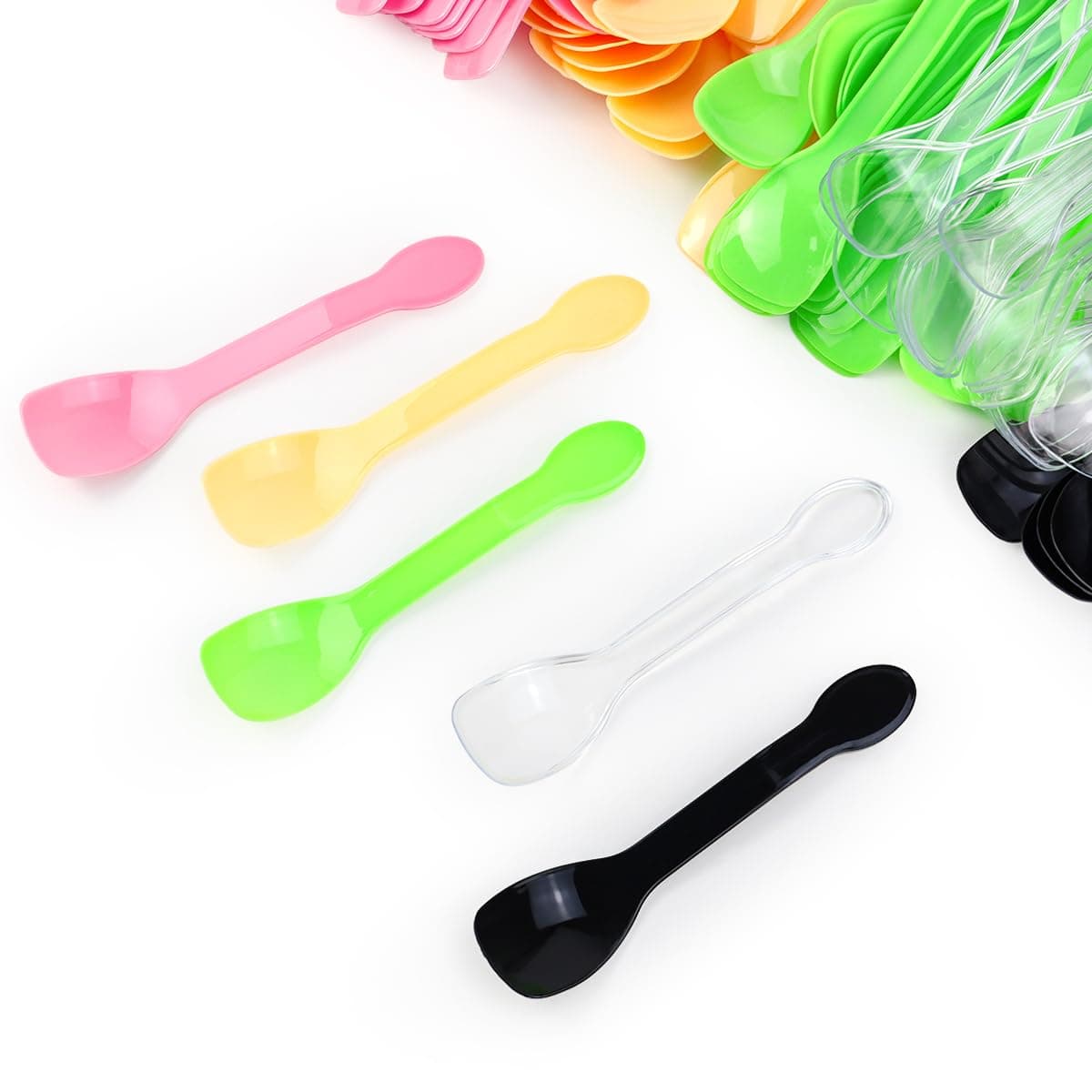 100PCS Tasting Spoons Ice Cream Dessert Taster Spoons Plastic Mini Spoons Disposable Dessert Spoons for Miniature Dessert Cups Sampling Small Catering Supplies Tasting Party Multi Color