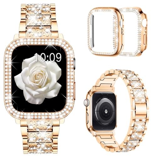 Mosonio Compatible with Apple Watch Band 42mm S11/S10 with Case Women, Jewelry Replacement Metal Wristband with 2 Pack Bling PC Protective Cover for iWatch Series 11/10(42mm,Rose Gold)