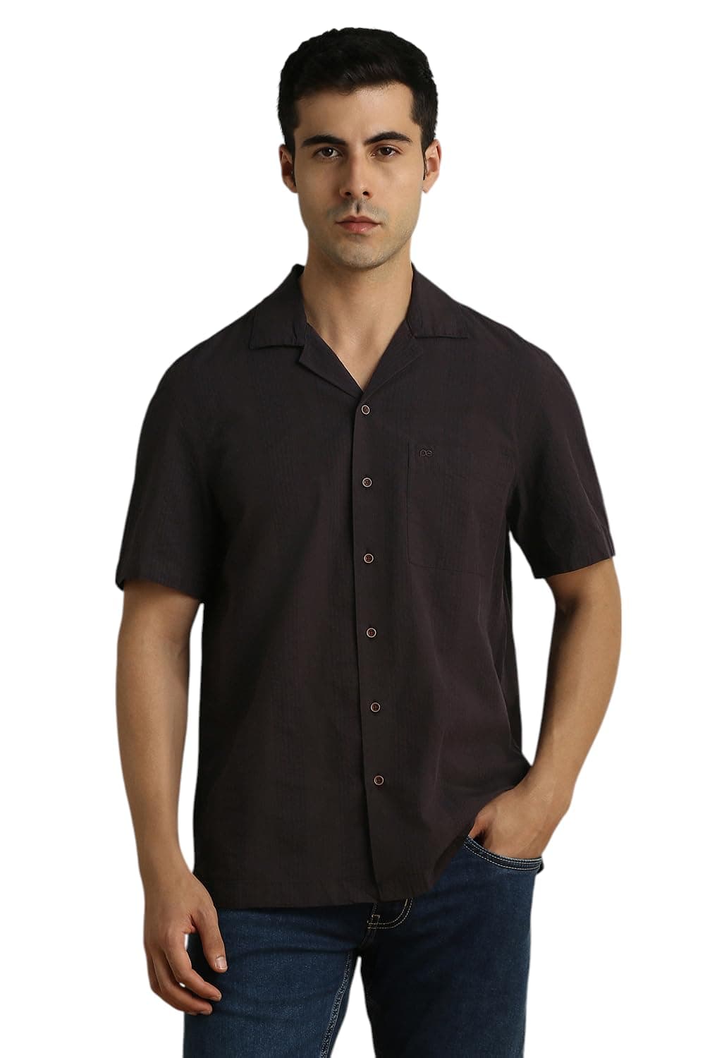 Peter England Men Brown Regular Fit Stripe Half Sleeves Casual Shirt