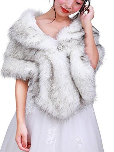 fxmimior Bridal Faux Fur Bridal Wrap Shrug Stole Shawl Cape Wedding Faux Fur Wrap (gray&white)