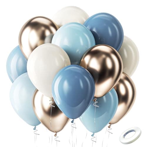 Bezente Dusty Blue Gold Balloons Kit 60pcs 12 inch Dusty Baby Blue Sand White Champagne Gold Helium Latex Balloons for Baby Bridal Shower Gender Reveal Wedding Engagement Birthday Party Decorations