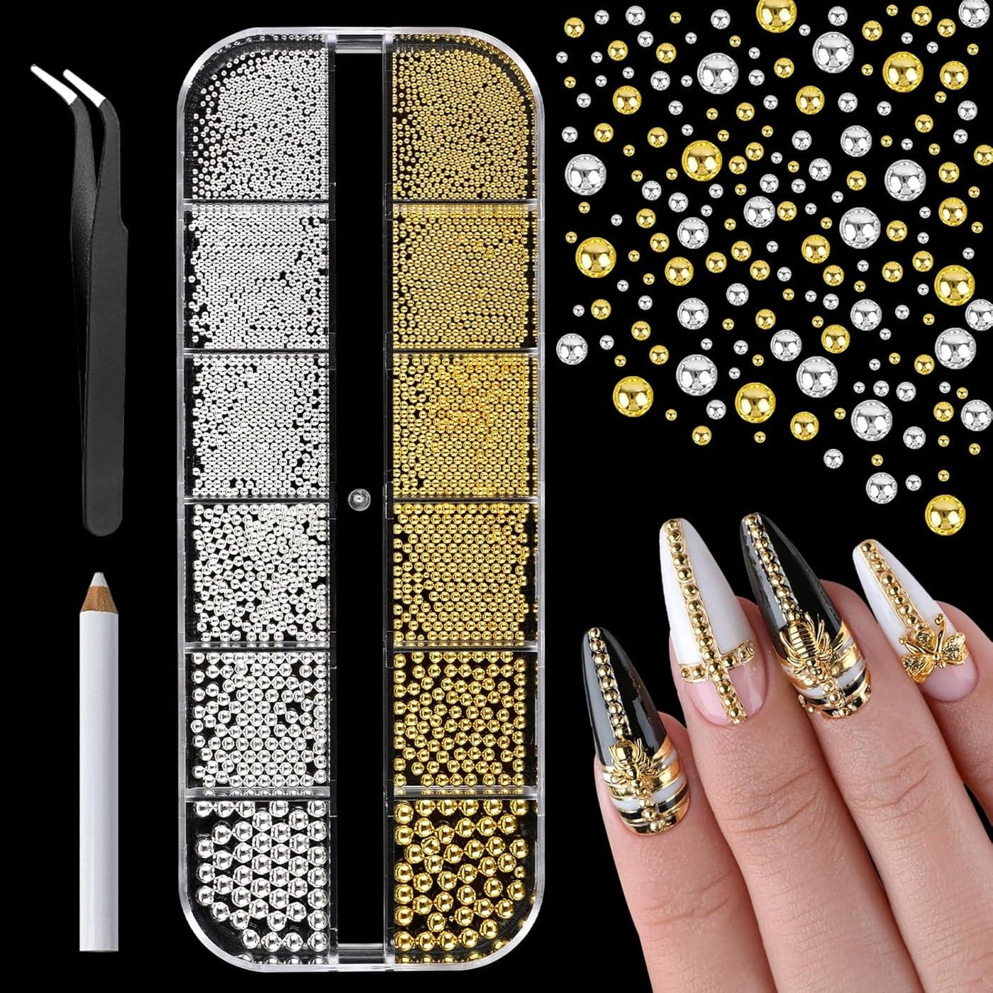 Canvalite Caviar Beads for Nails Golden Nail Pendant Nail Caviar Beads Nail Jewellery Nail Beads for Nail Art Accessories with Nail Tweezers
