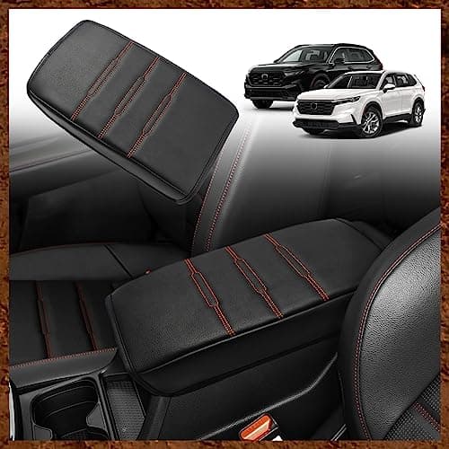 Muslogy Center Console Cover Compatible with 2023 2024 2025 Honda CR-V Accessories CRV Hybrid LX EX EX-L Sport Touring Armrest Cover Lid Cushion Protector Vegan Leather Extra Soft(Black/Orange Trim)
