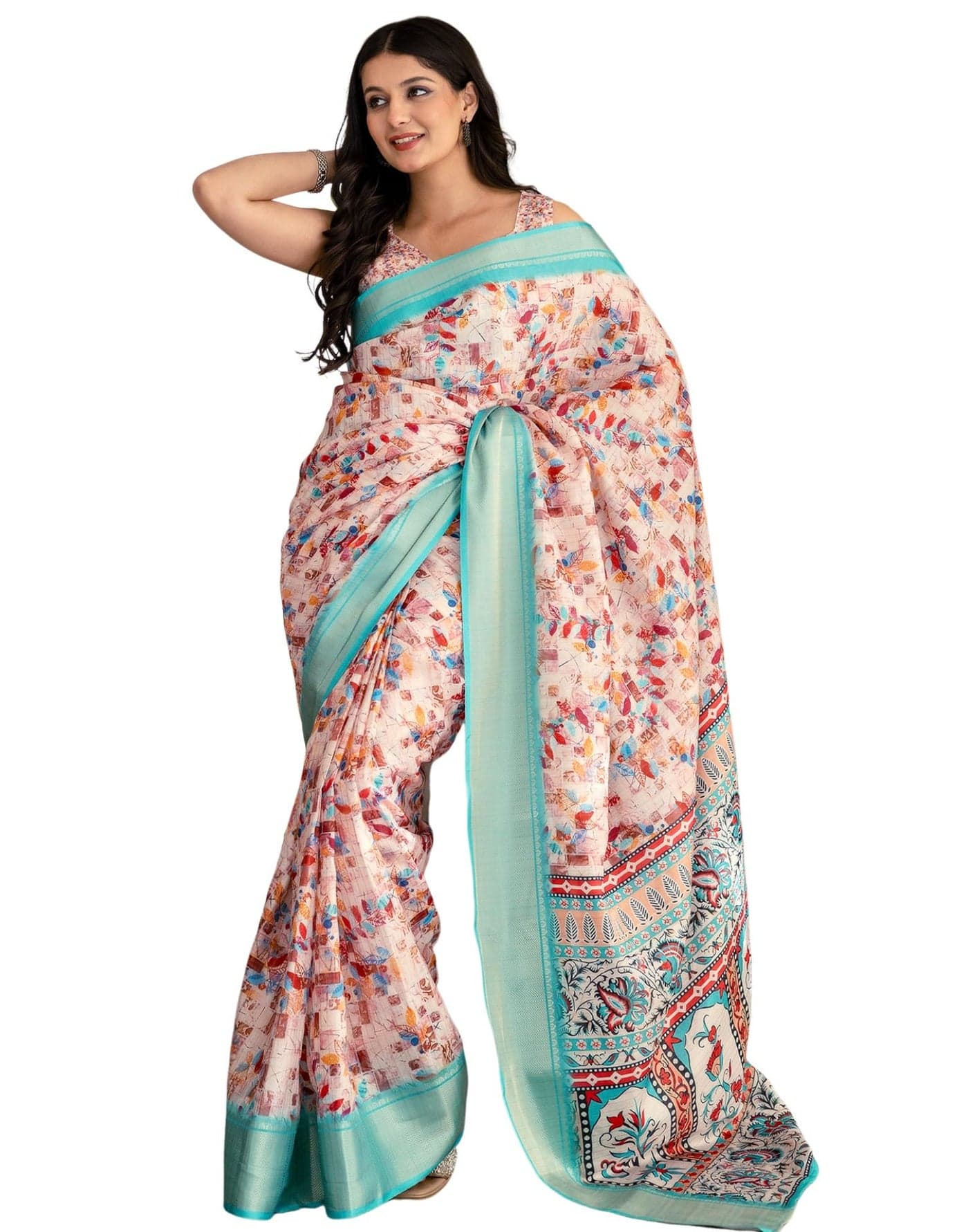 SIRIL Women's Dola Silk Printed One Minute Ready To Wear Saree with Unstitched Blouse Piece (54RS147_Cream & Blue)