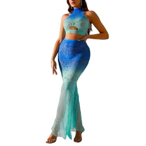 CareDone Sexy Halter Neck Cut-Out Lace Babydoll Dress for Women – Transparent Net Nightgown for Women. (Blue, XL)