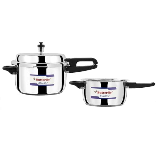 Butterfly Present Blueline 3.0, 5.0 Liter Capacity Stainless Steel 3 L, 5 L Induction Bottom Outer Lid Pressure Cooker (Stainless Steel)