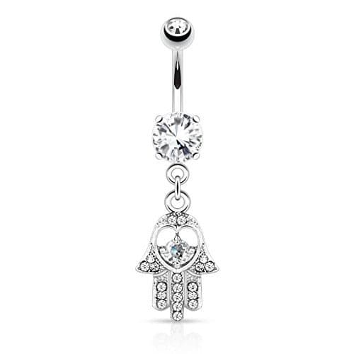 Pierced Owl 14GA Stainless Steel CZ Crystal Hamsa Hand Dangling Belly Button Ring (Clear)