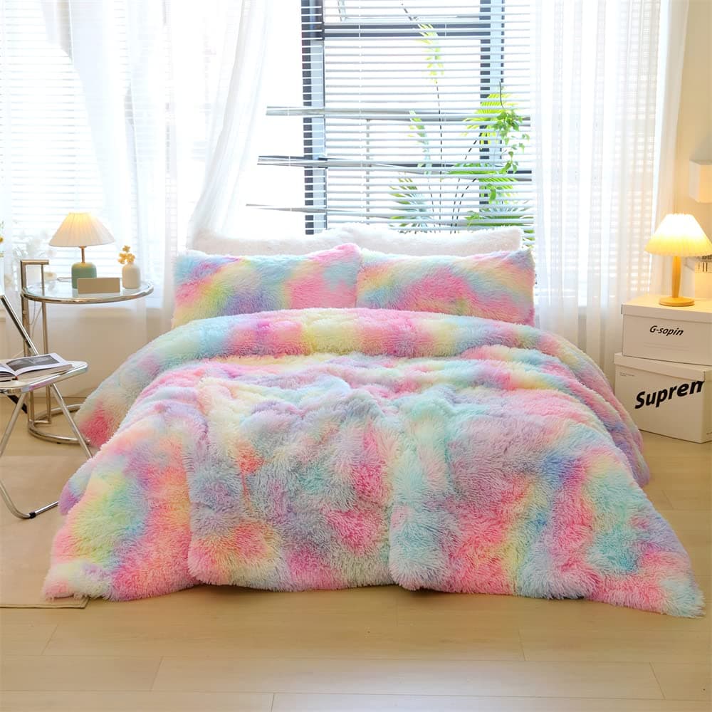 Roscloud Faux Fur Kids Girls Rainbow Comforter Sets TwinFull 3PC Bed Set Warm Comfortable Soft Plush Flannel Velvet Fluffy Fuzzy BeddingComforter x 1 Pillowcases x 2