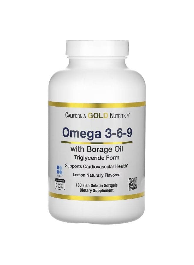 California Gold Nutrition, Omega 3-6-9s, with Omega-3 Fish Oil and Borage Seed Oil, EPA, DHA, GLA, and Linoleic Acid, Natural Lemon, 180 Softgels