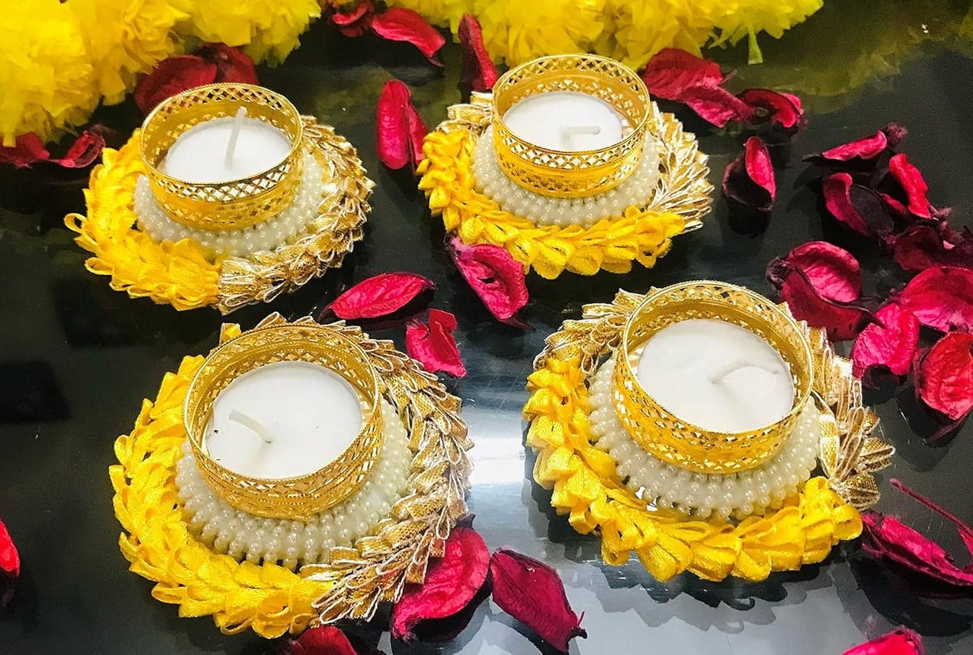 Evisha Heavy Design Hand Made Tea Light Candles Holder for Diwali Decoration Decorative Diya Tealight Candle Holder Diwali Diya for Home Decoration Including 4 Tea Lights 4 Pcs