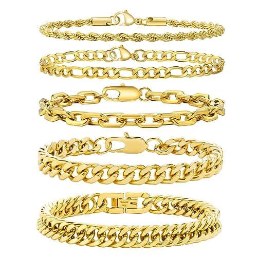 VNOX Gold Chain Bracelet for Men - 5 Pcs Solid Stainless Steel Rope/Figaro/Paperclip/Cuban Link Curb Chunky Chain Bracelet Set Wrist Band for Men Women,8.3 Inches,Mens Jewelry Gifts