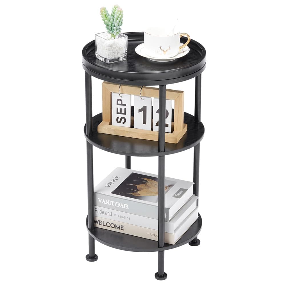 Small Round Side Table for Small Spaces 3Tier Round Accent Table Slim Side Table Modern Sofa Corner Table for Living Room Nightstand Bedroom Black