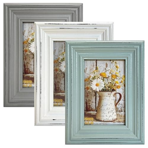 Vintage 4x6 Inches Wooden Picture Frame Pack of 3 Farmhouse Aqua Grey White - Rustic Thick Wood High Definition Glass Photo Frame Outside 6x8 Inches - 2 Ways Display Tabletop or Wall Mounted