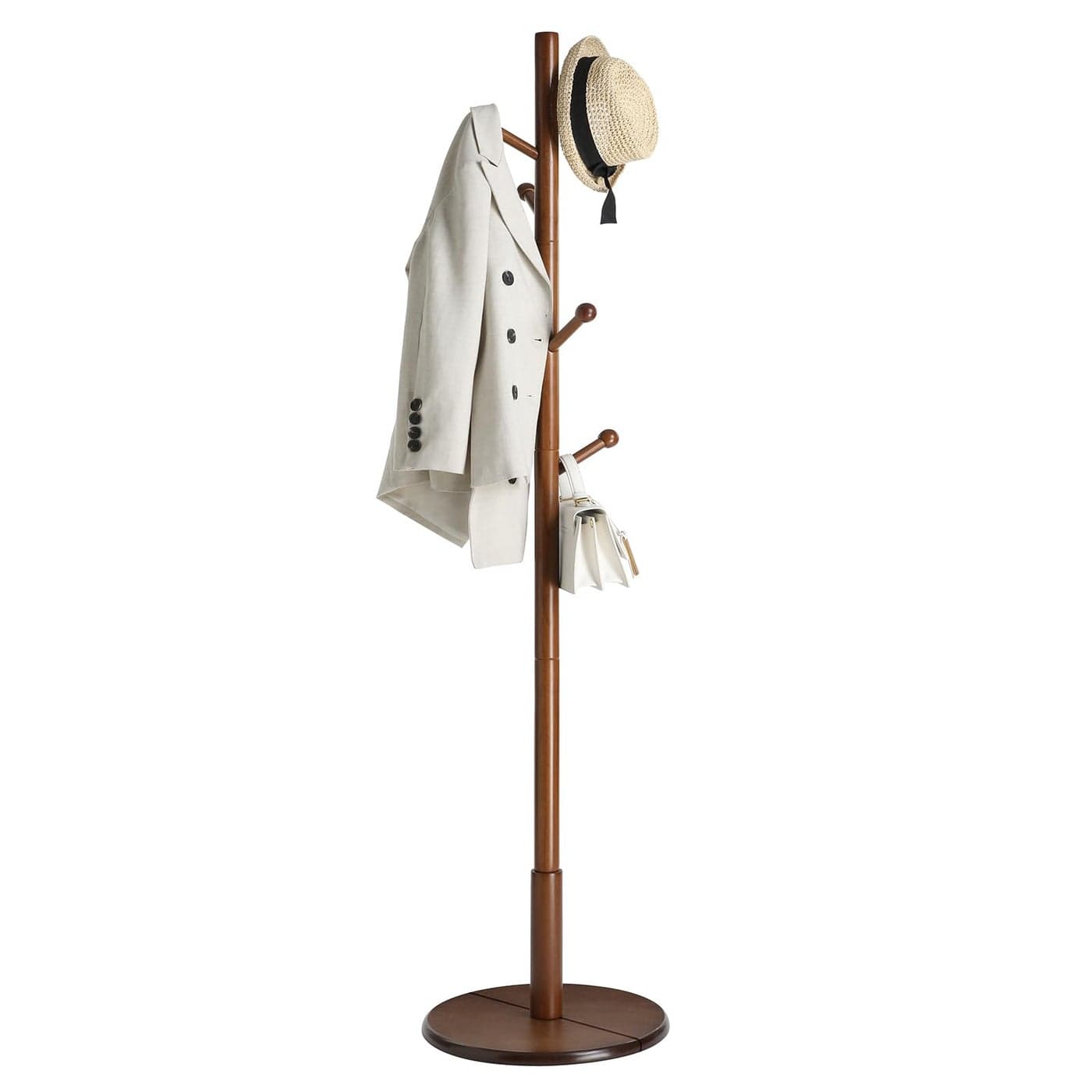 VASAGLE Solid Wood Coat Rack Free Standing Hall Coat Tree with 7 Hooks 3 Height Options for Coats Hats Bags Purses for Entryway Hallway Rubberwood Hooks and Pole Dark Walnut URCR07WN
