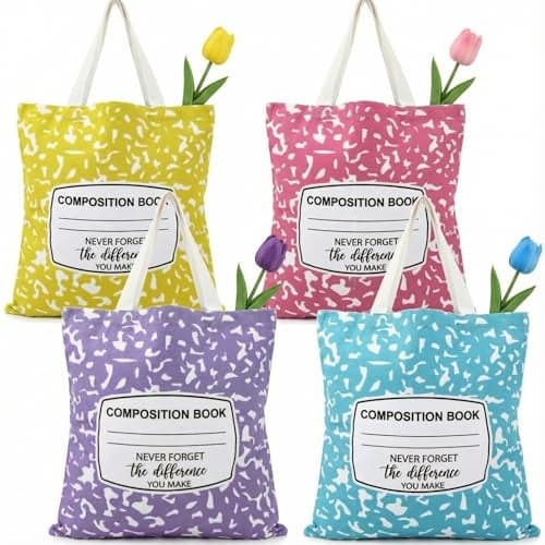 SilTriangle 4 Pcs 4 Colors Teacher Gifts Canvas Tote Bag Composition Book Style for Women Teacher Appreciation Office Supplies (Pastel)
