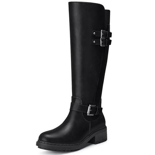 SHIBEVER Womens Knee High Boots Black Round Toe Side Zipper Motorcycle Riding Boots Low Block Heel Tall Fall Boots 2026 Size 6