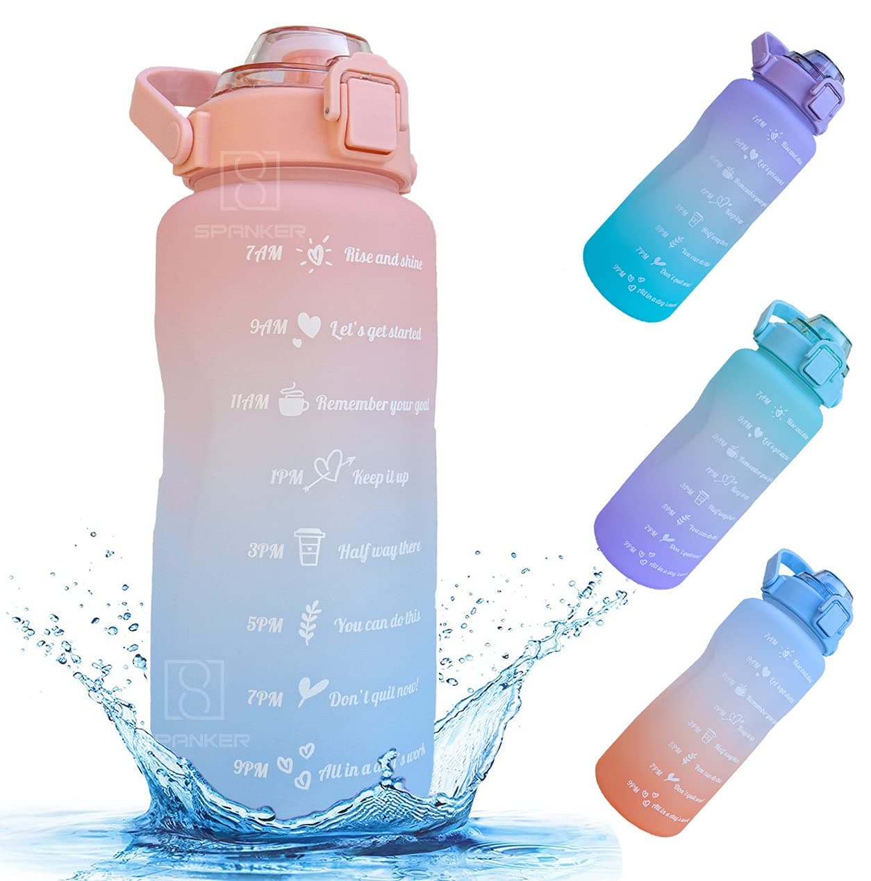Spanker Spirit Motivational Water Bottle Gallon (For Girls) with Time Marker Large Capacity 2000ML, Leakproof BPA Free Fitness Sports Water Bottle,(Peach-Blue) SSTP