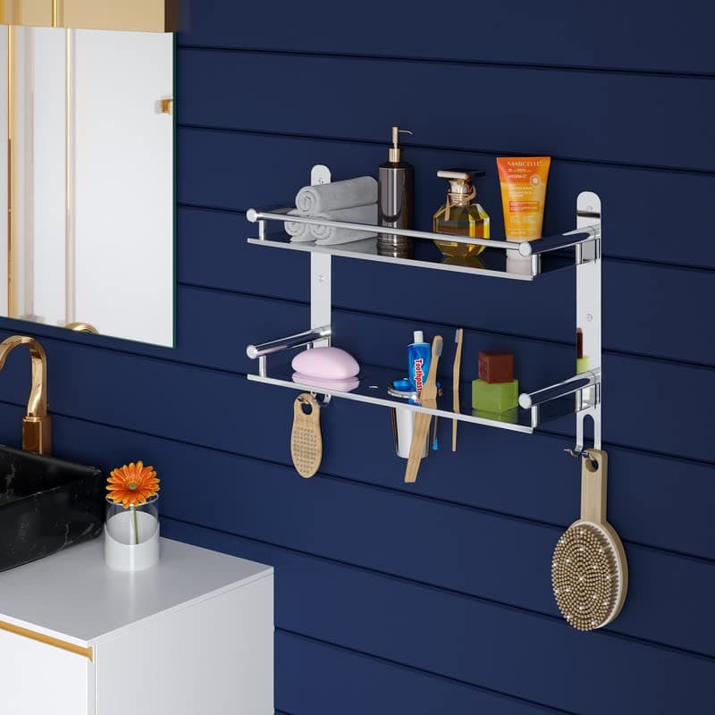 Welson 4 in 1 Double Layer Shelf Rack for Bathroom Multipurpose Stainless Steel Bathroom Shelf Rack with one Towel Hangerand 2 Tumbler Holder,Tooth Brush Holder Bathroom Accessories (15 x 5 Inches)