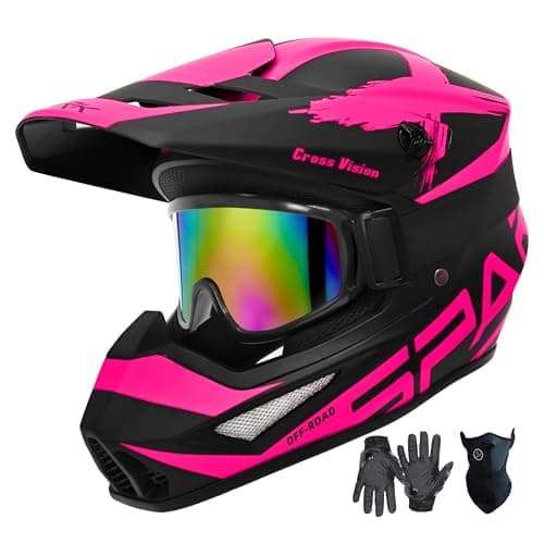 Motocross Helmet,Youth Adult ATV Dirt Bike Motorcycle Helmet,BMX 4-Wheeler Off-Road Mountain Bike Helmet,DOT Certified,W/Gloves Goggles Mask 4-Piece Set (X Pink, Small)