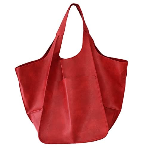 KlaOYer Oversized Leather Tote Bag Large Capacity Work Hobo Pu Leather Bucket Purse And Handbag Big Soft Travel Shopping Bag (Red)