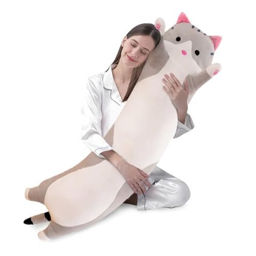 shangman Lovely Plush Cat Doll Cute Cartoon Soft Stuffed Kitten Pillow Long Throw Sleeping Pillow Doll Toy Gift for Kids Girlfriend Multiple Size Grey130cm511in