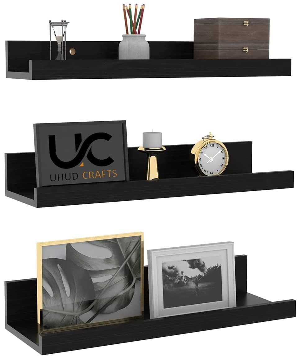 UHUD CRAFTS Floating Engineered Wood Wall Shelf Wall Mounted Storage Shelf for Home Decoration Items Set of 3 for Living Room Office Bedroom Bathroom for Showcase Decor Items Black