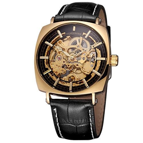 FORSINING Men's Mechanical Self-winding Skeleton Analogue Dial Trendy Watch with Leather Strap