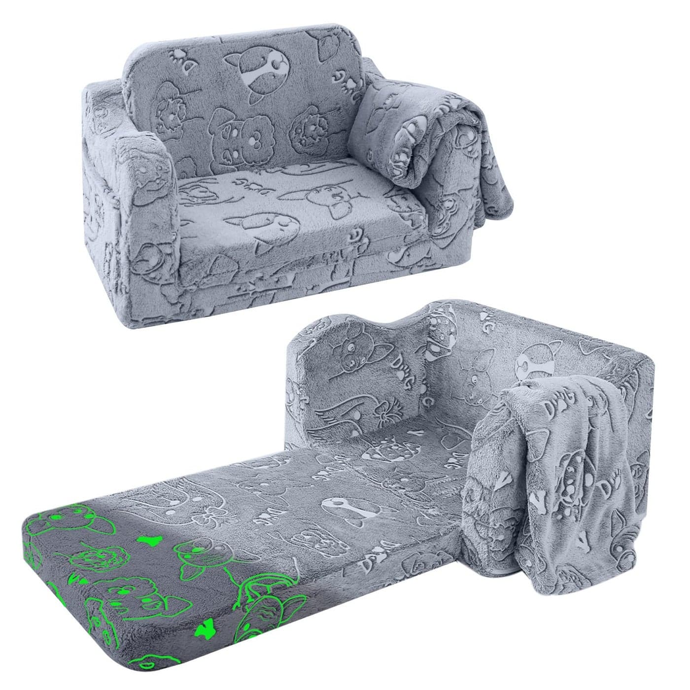 MeMoreCool Kids Sofa Toddler Fold Out Chair for Girls Boys Glow in The Dark Comfy Folding Baby Couch Convertible to Lounge Kids Soft Plush Recliner for Childrens Playroom Glowing Dogs