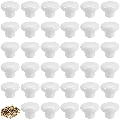SINJEUN 35 PCS White Cabinet Knobs, Ceramic Door Knobs Pull, Round Drawer Knobs with M4 Screws, Pull Handle Knobs for Kitchen Cabinet, Office Cupboard, Bathroom Dresser