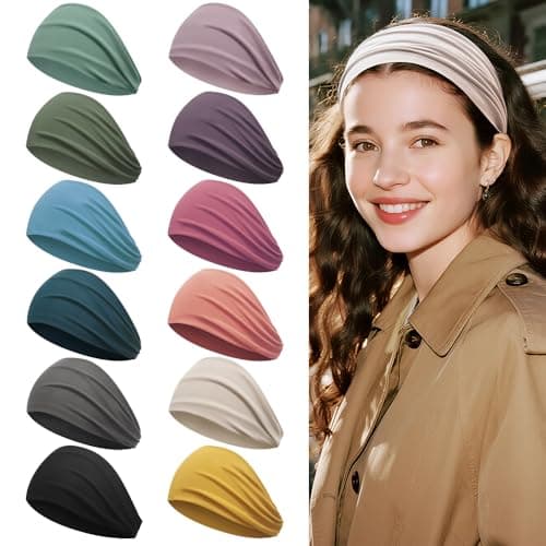 Z-CHARMMY Head Bands for Women's Hair, Wide Headbands for Women Non-slip, Fabric Nurse Headbands for Women, Elastic Workout Hair Bands, 12 Solid Colors