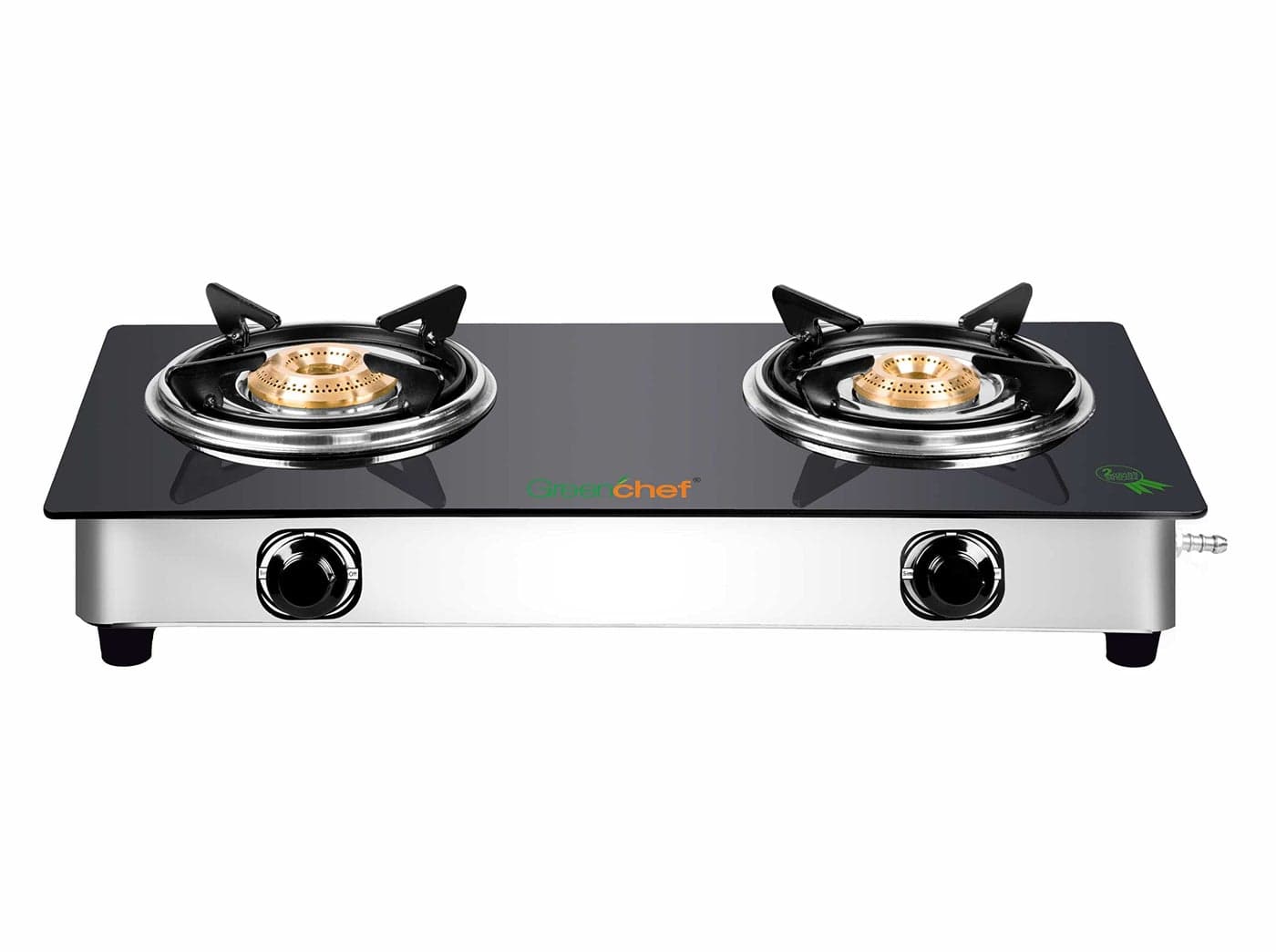 GREENCHEF Popular Glass cook top 2 Burner Gas stove,Stainless Steel Body, Compatible with LPG, two burners Spill proof trays, Toughened 6MM glass, Backlite Knobs (Manual Ignition)