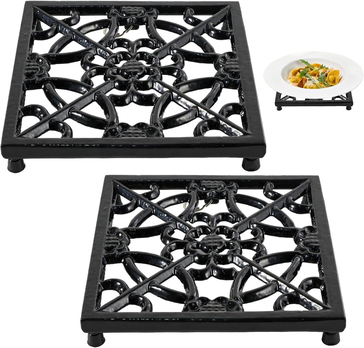 JOGREFUL 2 Pack Cast Iron Trivet Mats Kitchen Pot Holders to Portect TableCountertops Heat Resistant Mats for TeapotHot DishersPlates Vintage Mats with WeightedBase Flower Black