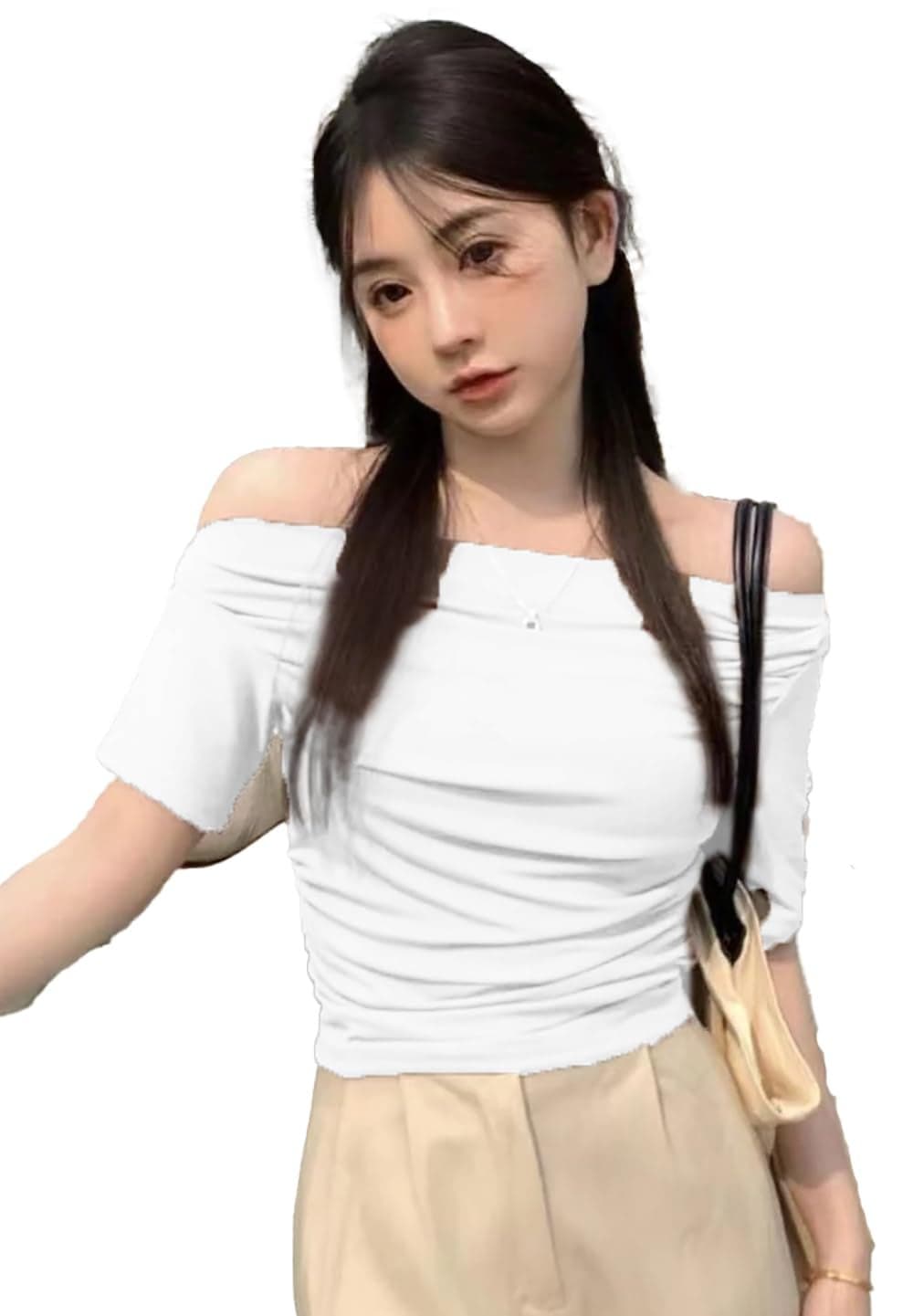 Istyle Can Women Lycra Blend Korean Solid Short Sleeve Asymmetric Collar Pleated Cropped Top-Asymmetrical Neck,Ruched Design,Regular Sleeve,Casual,Half Sleeve,Slim Fit(in,Alpha,M,Regular,White)