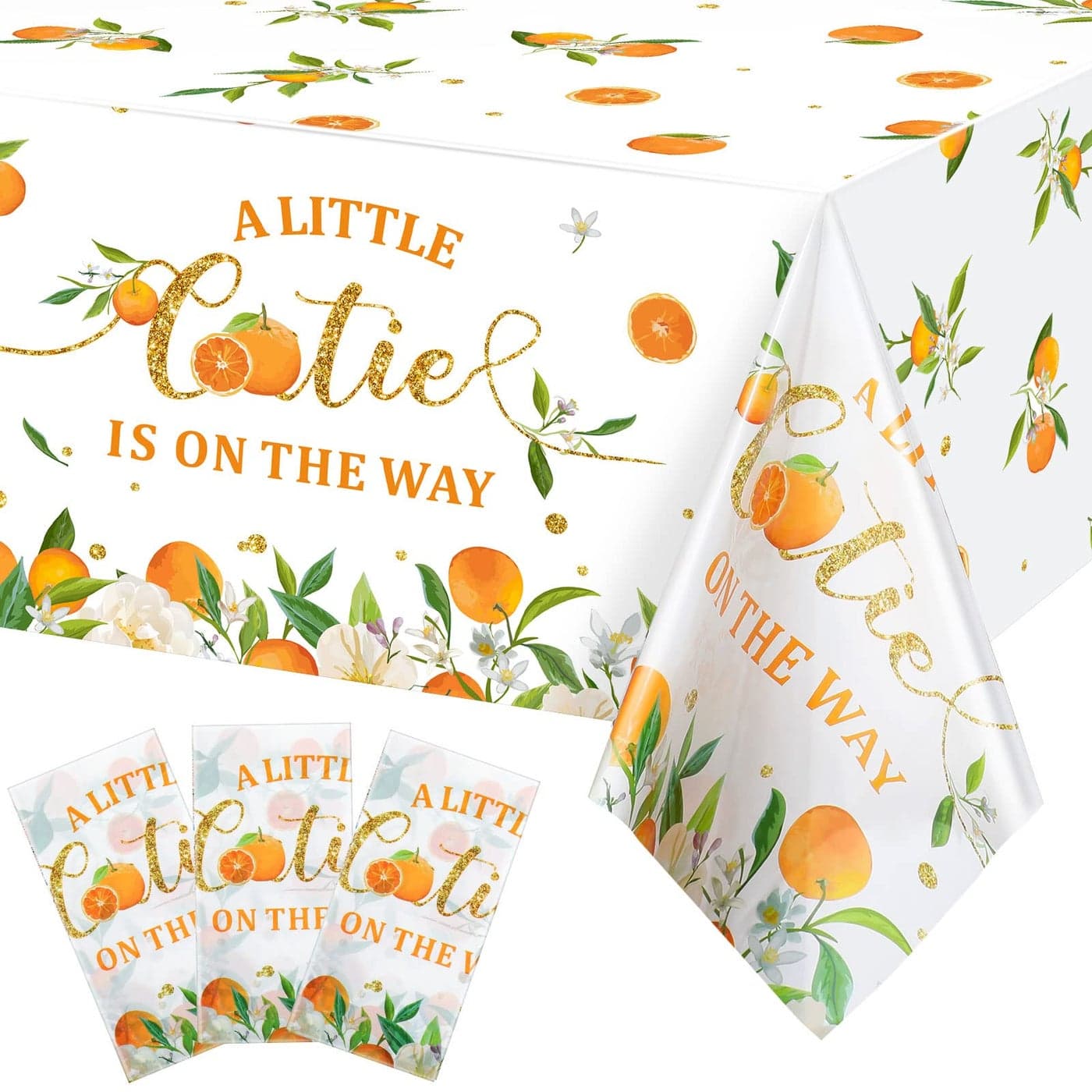 Little Cutie Tablecloth Orange Fruit Party Supplies Little Cutie is on The Way Disposable Plastic Table Cover for Citrus Baby Shower Birthday Tangerine Party Decoration 54 x 108 Inches 3 Pack