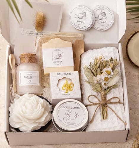 Coralogo Coconut Spa Gifts for Women 12pc Selfcare Spa Gift Basket with Bath Salt Greeting Card Thinking of You Basket for Her Birthday Christmas Mothers Day Valentines Day