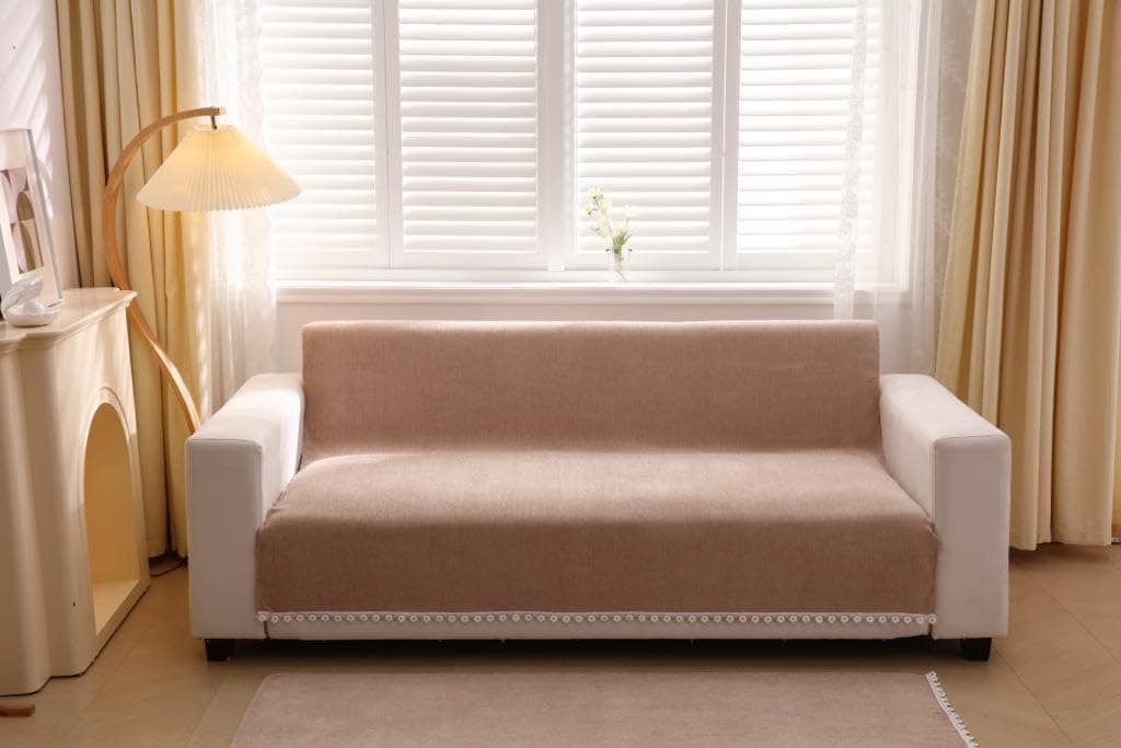 HOMETHREADS Chenille Fabric 1 Seater Couch/Sofa Covers | Luxurious Slipcover Solutions for Sofas, Armchairs, and Loveseats (Beige, 2 Seater Small | 120x180cm)