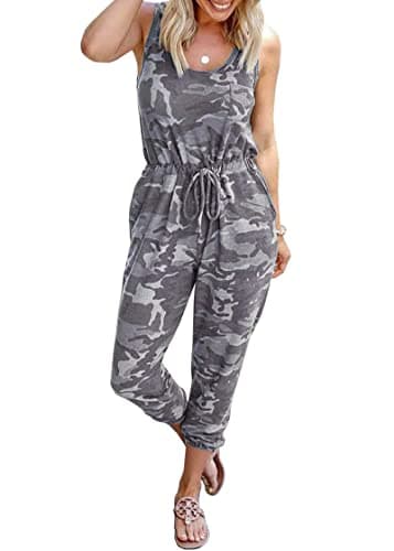 KIRUNDO Women 2025 Summer Jumpsuits Casual Sleeveless Drawstring Elastic Waist Romper Vacation Cruise Airport Travel Outfits(Camouflage Grey, Large)